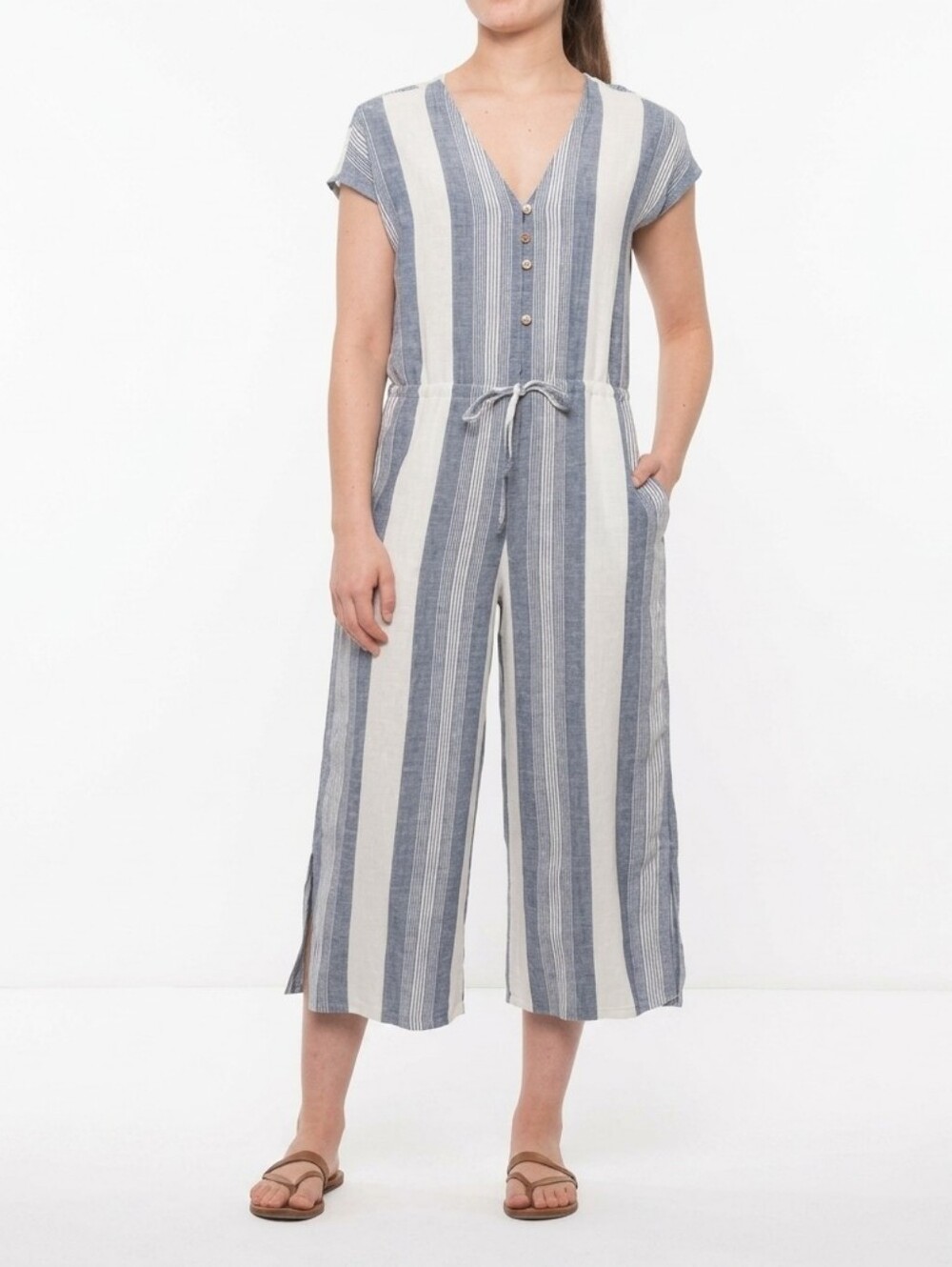 CLOTH & STONE Anthropologie Blue White Stripe Linen Blend Wide Leg Jumpsuit Sz M